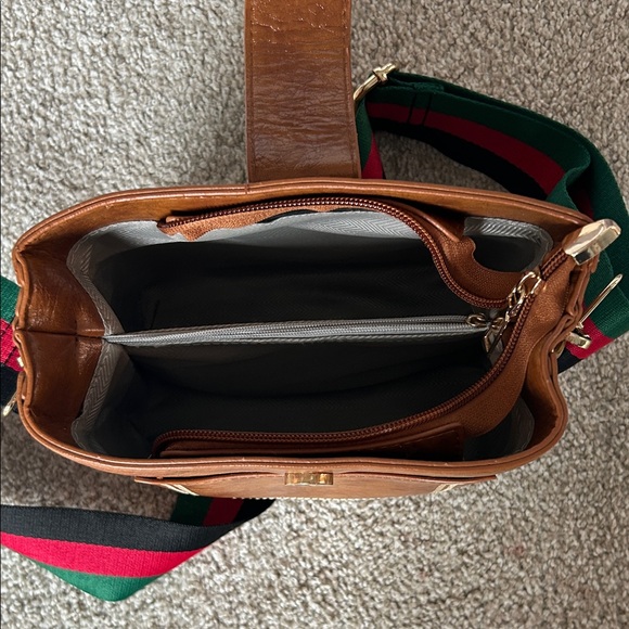 Petite Brown Leather Crossbody Bag with Striped Strap - Picture 4 of 7